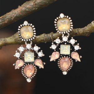Retro Colorful Crystal Distressed Metal Earrings Ethnic Casual Women's Jewelry, Earrings, color:Pink|size:One-size, JustFashionNow