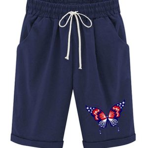 Women‘s Butterfly Independence Day Knee Length Bermuda Shorts Plus Size Casual Summer Loose Fit Long Shorts Elastic Waist Shorts with Pockets, color:Navyblue|size:XXL, Lilicloth.com