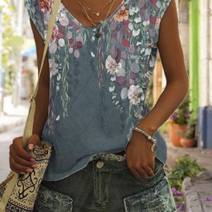 Floral Loose Casual V Neck Tank Top, Tanks & Camis, color:Dark Green|size:XXL, JustFashionNow