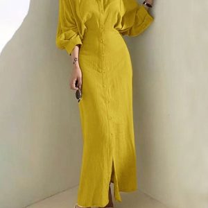 Regular Fit Urban Midi Dress With No Belt, Maxi Dresses, color:Yellow|size:XXL, Stylewe