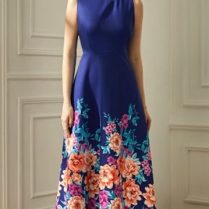 Elegant Regular Fit Crew Neck Floral Dress, Dresses, color:Purplish blue|size:XXL, Stylewe