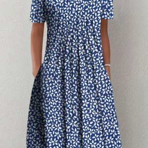 Plus Size Casual Disty Floral Crew Neck Loose Dress, Dresses, color:Blue|size:4X, JustFashionNow