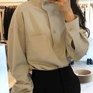 Urban Stand Collar Buttoned Plain Blouse, Blouses and Shirts, color:Khaki|size:XXL, Stylewe