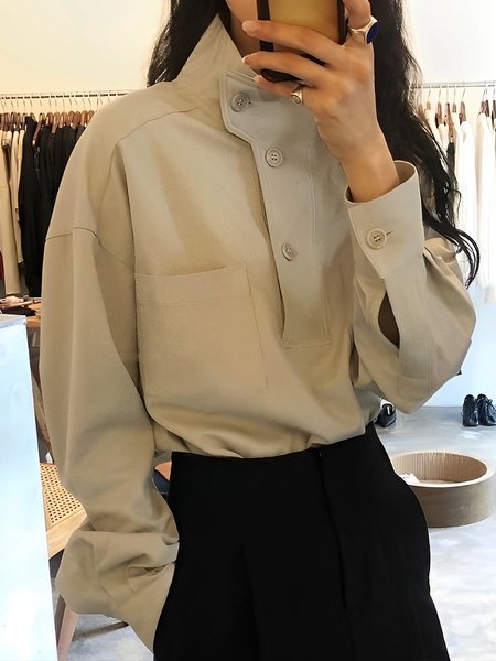 Urban Stand Collar Buttoned Plain Blouse, Blouses and Shirts, color:Khaki|size:XXL, Stylewe