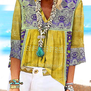 Boho V Neck Loosen Short Sleeve Top, Shirts & Blouses, color:Yellow|size:XXL, JustFashionNow