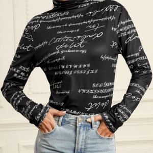 Daily Long sleeve Regular Fit Text Letters Turtleneck T-Shirt, Tees, color:Black|size:XXL, Stylewe