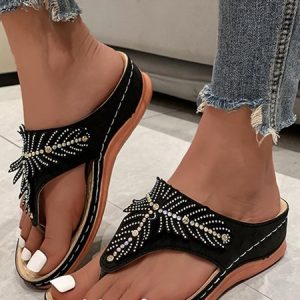 Rhinestone Leaves Retro Casual Flip Flops, Sandals, color:Black|size:43, JustFashionNow