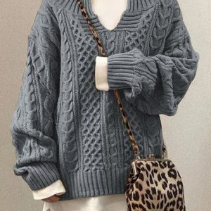 Vintage Acrylic Solid V Neck Sweater, Sweaters, color:DARK GRAY|size:XXL, Noracora