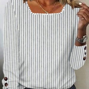 Casual Striped Square Neck Long Sleeve T-shirt, T-shirts, color:Gray|size:XXL, Noracora
