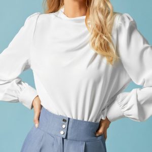 Stylewe Stand Collar Elegant Plain Regular Fit Blouse, Blouses and Shirts, color:White|size:XXL, Stylewe