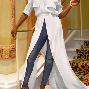 Urban Loose Shirt Collar Long Sleeve Plain Long Blouse, Blouses and Shirts, color:Off White|size:XXL, Stylewe