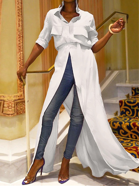 Urban Loose Shirt Collar Long Sleeve Plain Long Blouse, Blouses and Shirts, color:Off White|size:XXL, Stylewe