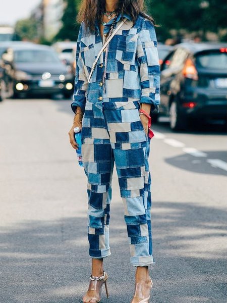 Shawl Collar Urban Regular Fit Jumpsuit, Jumpsuits, color:Blue|size:XXL, Stylewe