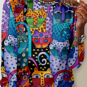 Women'S Funny Cat Regular Fit Simple Floral Crew Neck Shirt, color:Multicolor|size:3XL, Lilicloth.com