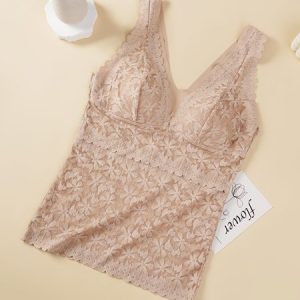 Women's Breathable Comfort Lace Molded Cup Tank Bra & Bralette, Crop Bras, color:Light Brown|size:XXL, JustFashionNow