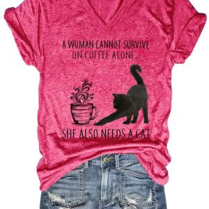 Funny Coffee And Cat Lover V Neck Casual Short Sleeve T-Shirt, color:Pink|size:3XL, Lilicloth.com