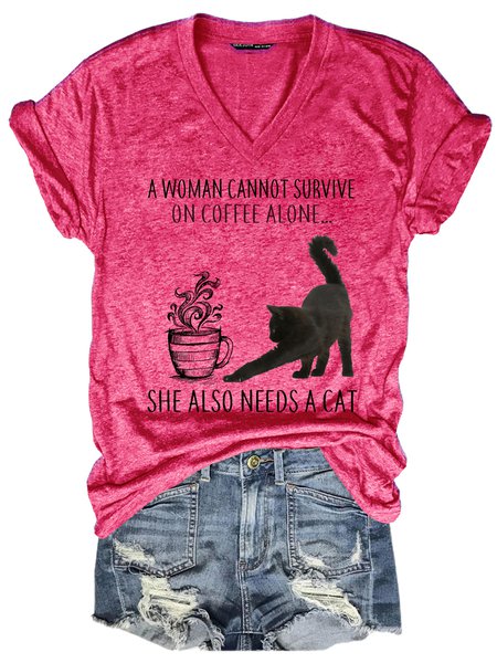 Funny Coffee And Cat Lover V Neck Casual Short Sleeve T-Shirt, color:Pink|size:3XL, Lilicloth.com