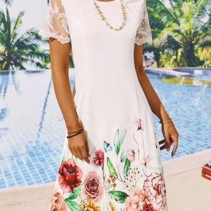 Lace Regular Fit Casual Floral Dress, Dresses, color:White|size:XXL, JustFashionNow