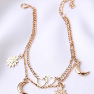 2pcs Heart Sun and Moon Charm Anklet, Anklets, color:Golden|size:One-size, JustFashionNow