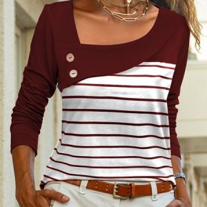 Striped Loose Casual Asymmetrical Shirt, Shirts & Blouses, color:Wine Red|size:XXL, JustFashionNow