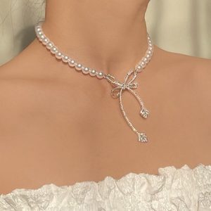 Rhinestone Bow Elegant Imitation Pearls Necklace, Necklaces, color:As Picture|size:One-size, Stylewe