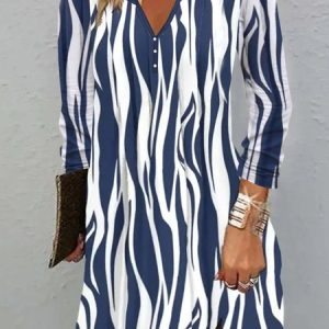 Plus Size Buckle Abstract Casual Notched Dress, DRESSES, color:Dark Blue|size:4X, Noracora