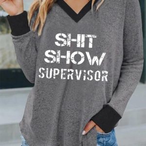 Shit Show Loose V Neck Casual T-Shirt, T-Shirts, color:Gray|size:XXL, JustFashionNow