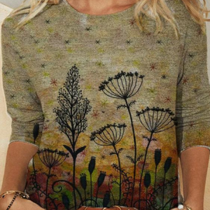 Casual Floral Crew Neck Long Sleeve T-shirt, T-shirts, color:Khaki|size:XXL, Noracora