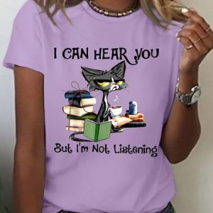 Women's Casual I Can Hear You But I'm Not Listening Crew Neck T-Shirt, color:Purple|size:3XL, Lilicloth.com