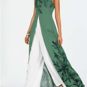 Casual Floral Crew Neck Jumpsuit, Jumpsuits＆Rompers, color:Green|size:XXL, JustFashionNow