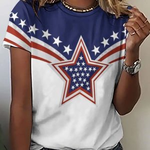 Women's Patriotic USA Flag Casual Crew Neck T-Shirt, color:As Picture|size:3XL, Lilicloth.com