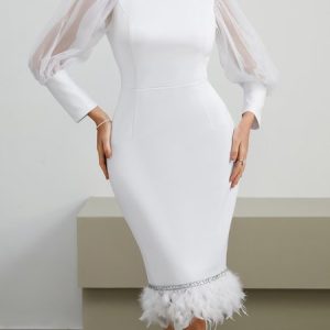 Party Feather-Trimmed Tight Party Dress, Midi Dresses, color:White|size:XXL, Stylewe