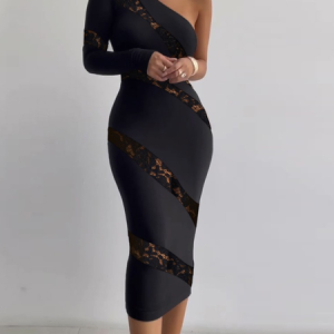 Elegant One Shoulder Regular Fit Floral Wedding Guest Dress, Midi Dresses, color:Black|size:XXL, Stylewe