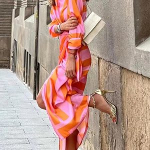 Shirt Collar Loose Striped Urban Dress With No Belt, Maxi Dresses, color:Orange|size:XS, Stylewe