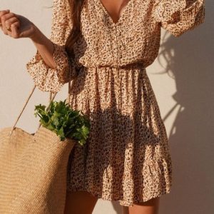 Ditsy Floral Long Sleeve V Neck Vintage Weaving Dress, Casual Dresses, color:Apricot|size:XXL, JustFashionNow