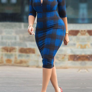 High Elasticity Elegant Shawl Collar Three Quarter Sleeve Midi Dress, Midi Dresses, color:Blue|size:XXL, Stylewe