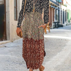 Women Floral Crew Neck Long Sleeve Comfy Casual Maxi Dress, Maxi, color:Multicolor|size:XXL, Noracora