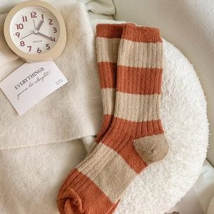 Contrasting Chunky Stripes Wool-blend Knitted Stockings, Socks, color:Orange|size:One-size, JustFashionNow