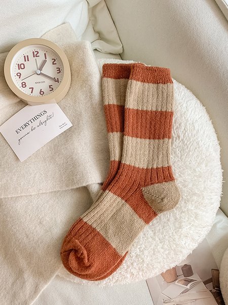 Contrasting Chunky Stripes Wool-blend Knitted Stockings, Socks, color:Orange|size:One-size, JustFashionNow