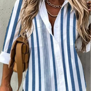 Casual Shirt Collar Striped Blouse, Shirts & Blouses, color:Blue|size:4X, JustFashionNow
