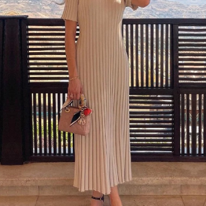High Elasticity Elegant Tight SCrew Neck hort Sleeve Maxi Sweater Dress, Maxi Dresses, color:Khaki|size:XXL, Stylewe