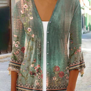 V Neck Casual Ethnic Printed Kimono, Cardigans, color:Green|size:XXL, JustFashionNow