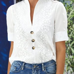 Women's Cotton Linen Lace Lapel Button Down Short Sleeve Shirt, Shirts & Blouses, color:Pink|size:XXL, JustFashionNow