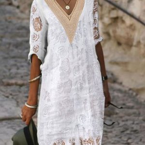 Simple Loose Plain V Neck Dress, Dresses, color:White|size:XXL, JustFashionNow