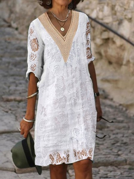 Simple Loose Plain V Neck Dress, Dresses, color:White|size:XXL, JustFashionNow