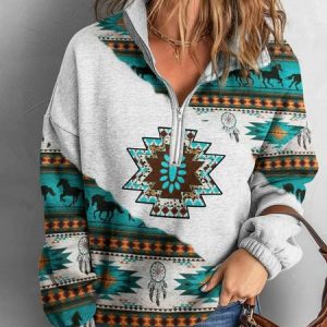 V Neck Zipper Boho Ethnic Sweatshirt, Sweatshirts & Hoodies, color:Blue|size:XXL, JustFashionNow