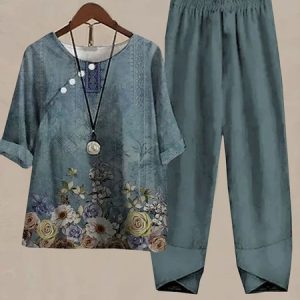 Floral Crew Neck Casual Buckle Two-Piece Set, Suit Set, color:Green|size:XXL, JustFashionNow
