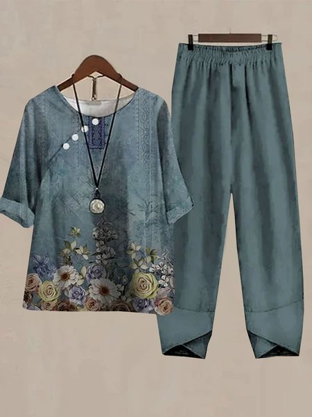 Floral Crew Neck Casual Buckle Two-Piece Set, Suit Set, color:Green|size:XXL, JustFashionNow