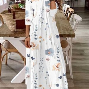Floral Loose Casual Square Neck Dress, Maxi, color:White|size:XXL, Noracora