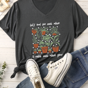 Women's Let's Root For Each Other V Neck Cotton-Blend Casual T-Shirt, color:Deep Gray|size:3XL, Lilicloth.com